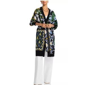 FARM Rio Winter Garden Tie Belt Midi Long Black Floral Cardigan Sweater Sz XL